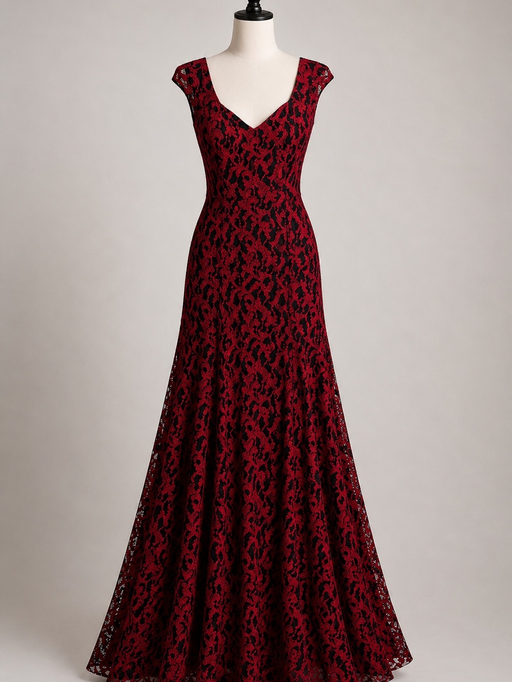 Betsy & Adam Red Black Lace Open Back Mermaid Gown 14 Formal Evening Dress